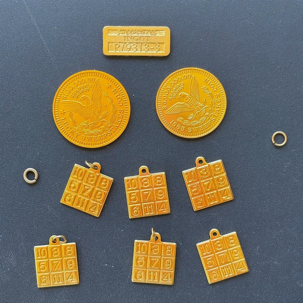 Vintage Readers Digest Sweepstakes Gold Tone Coins Ingot and Magic Square Charms